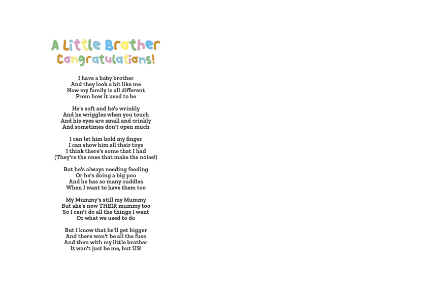 Card for a child with a new baby brother
