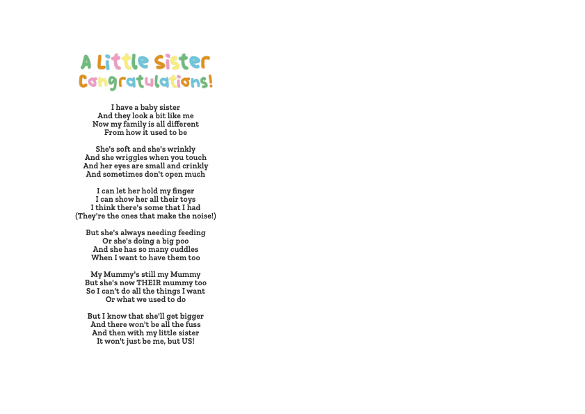 Card for a child with a new baby sister